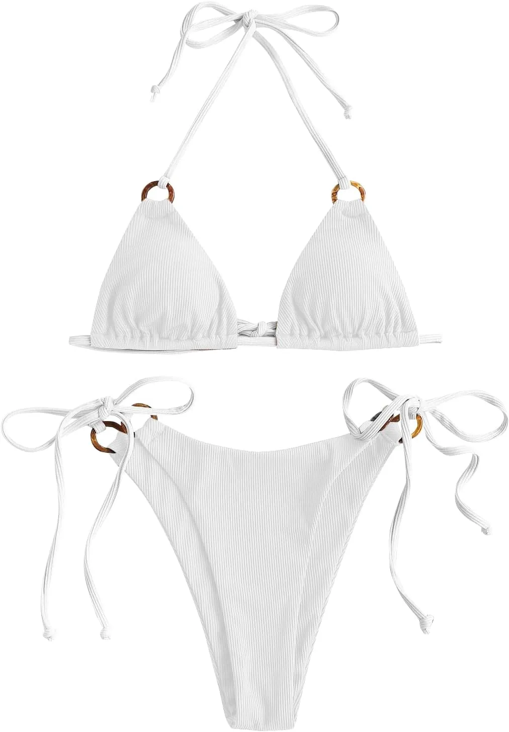 ZAFUL Women's Halter Triangle Bikini Ribbed String Smocked Swimwear Cheeky Thong Swimsuit High Cut Bikini Set