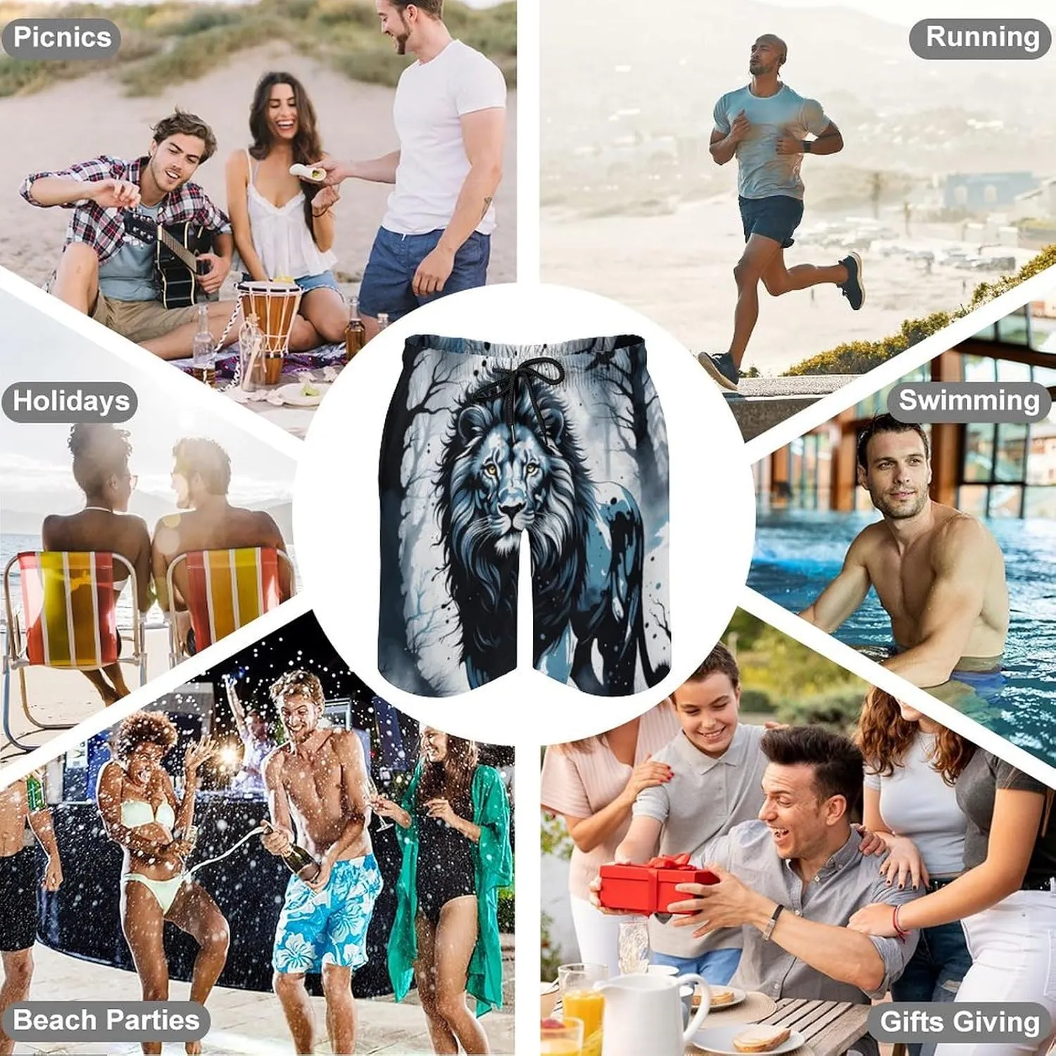 Zakqeik Lions Summer Mens Swimtrunks Workout Cool Shorts Running Pants with Pockets