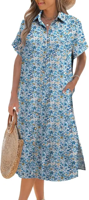 Zeagoo Womens Dress Summer Casual Short Sleeve Button Down Shirt Dress Beach Cover Up Dress with Pockets