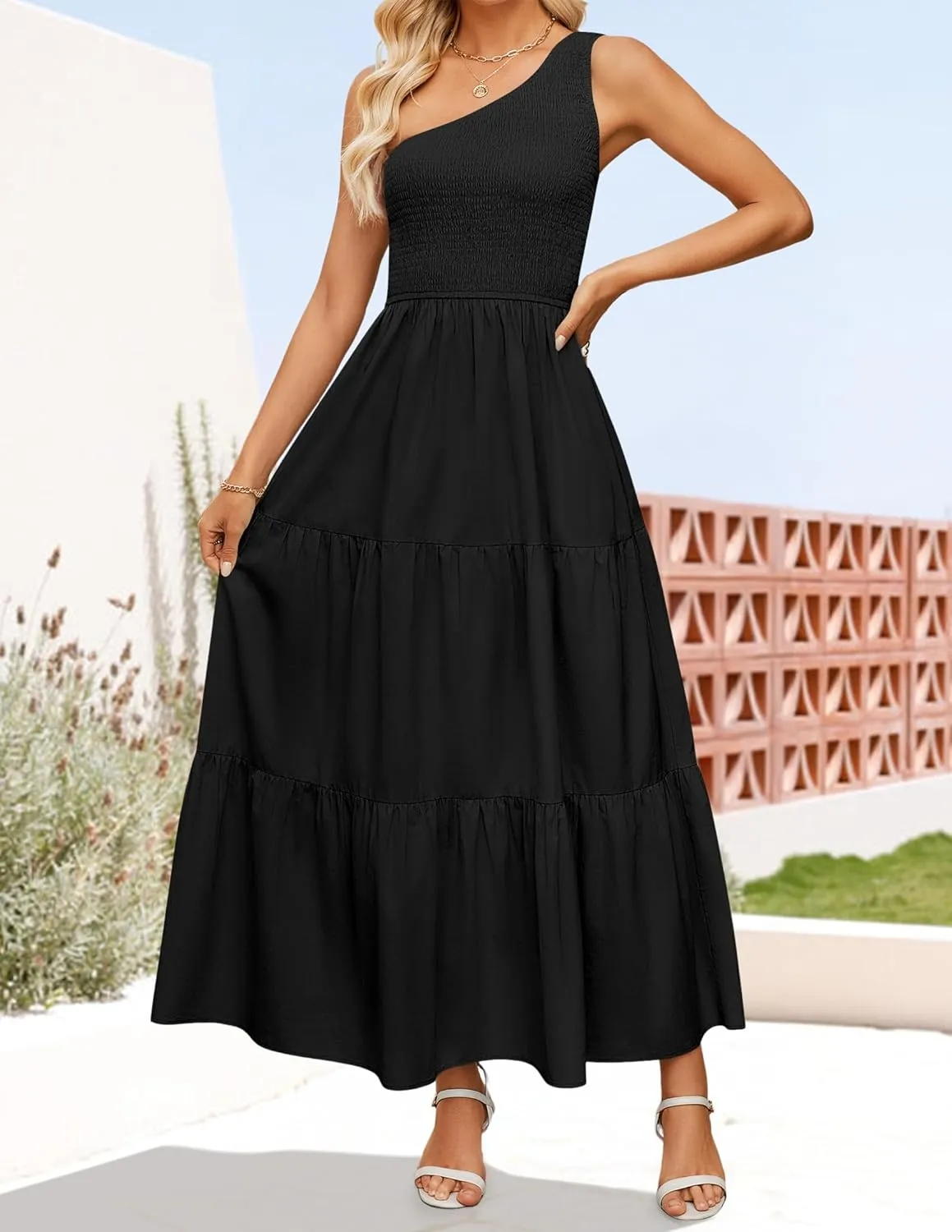 ZESICA Women's 2025 Bohemian Summer Floral Print One Shoulder Sleeveless Smocked Ruffle Tiered Beach Long Midi Dress