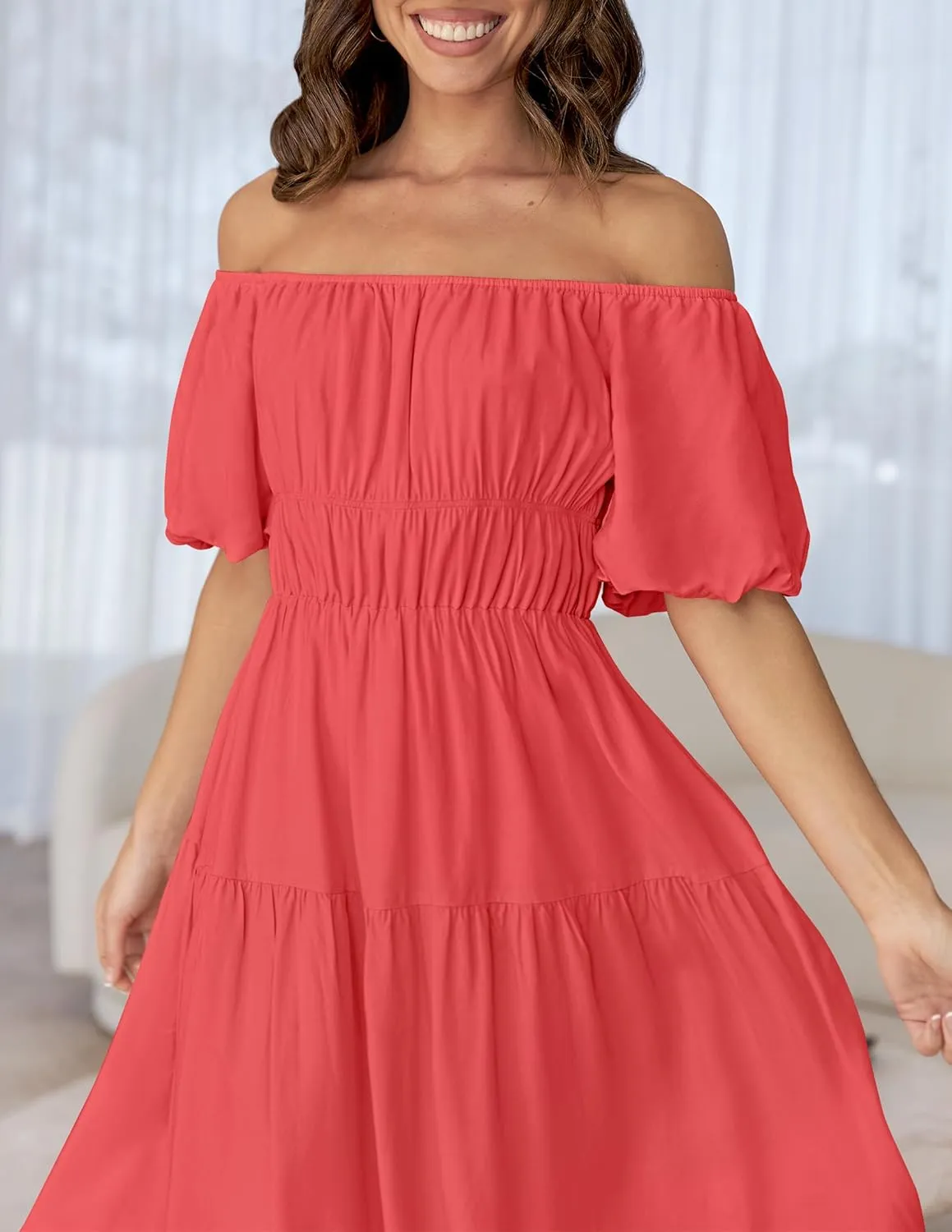 ZESICA Women's Sexy Boho Off Shoulder Puff Short Sleeve High Waist Ruffled Flowy A Line Beach Party Midi Dress