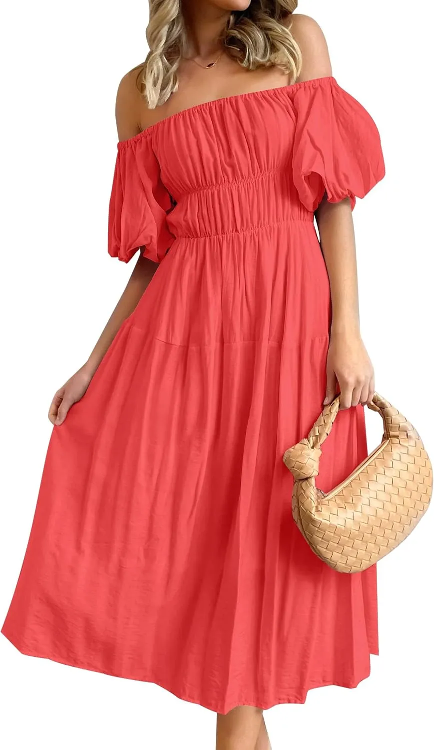 ZESICA Women's Sexy Boho Off Shoulder Puff Short Sleeve High Waist Ruffled Flowy A Line Beach Party Midi Dress