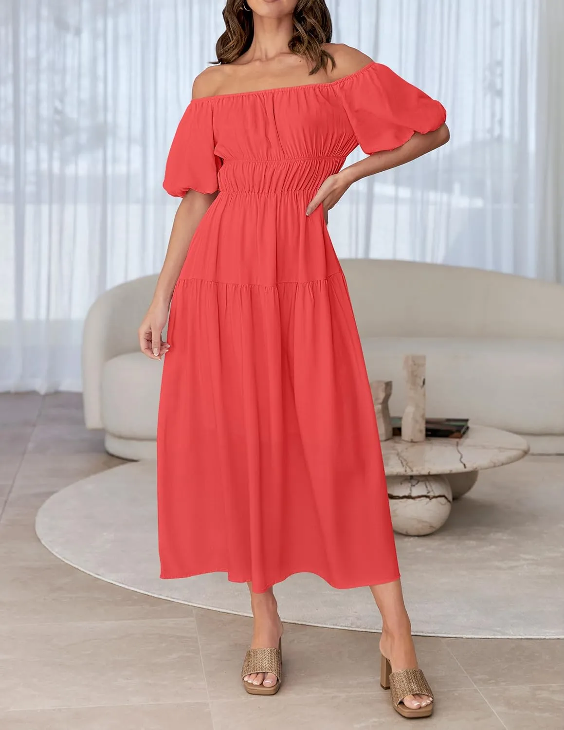 ZESICA Women's Sexy Boho Off Shoulder Puff Short Sleeve High Waist Ruffled Flowy A Line Beach Party Midi Dress