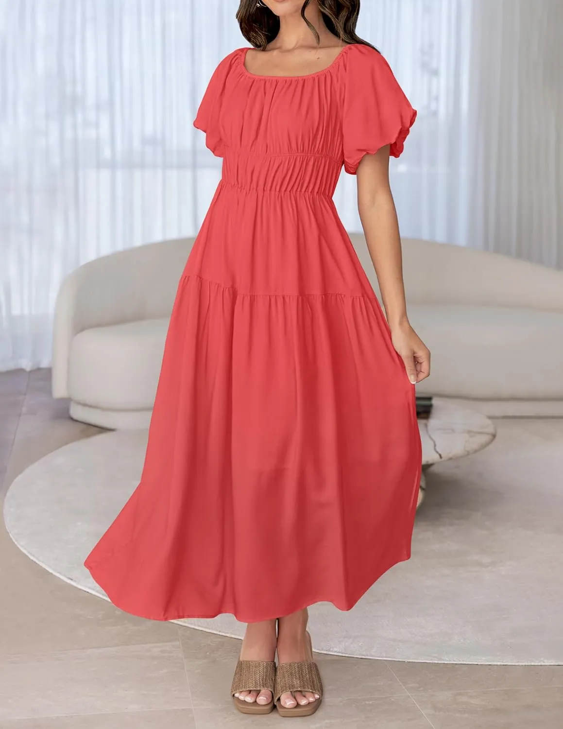 ZESICA Women's Sexy Boho Off Shoulder Puff Short Sleeve High Waist Ruffled Flowy A Line Beach Party Midi Dress
