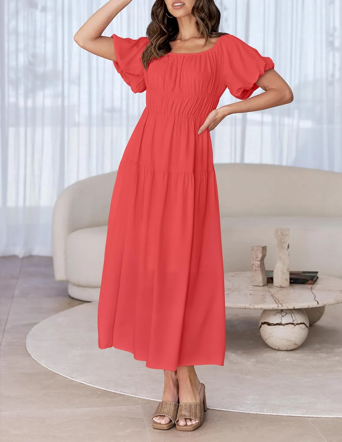 ZESICA Women's Sexy Boho Off Shoulder Puff Short Sleeve High Waist Ruffled Flowy A Line Beach Party Midi Dress