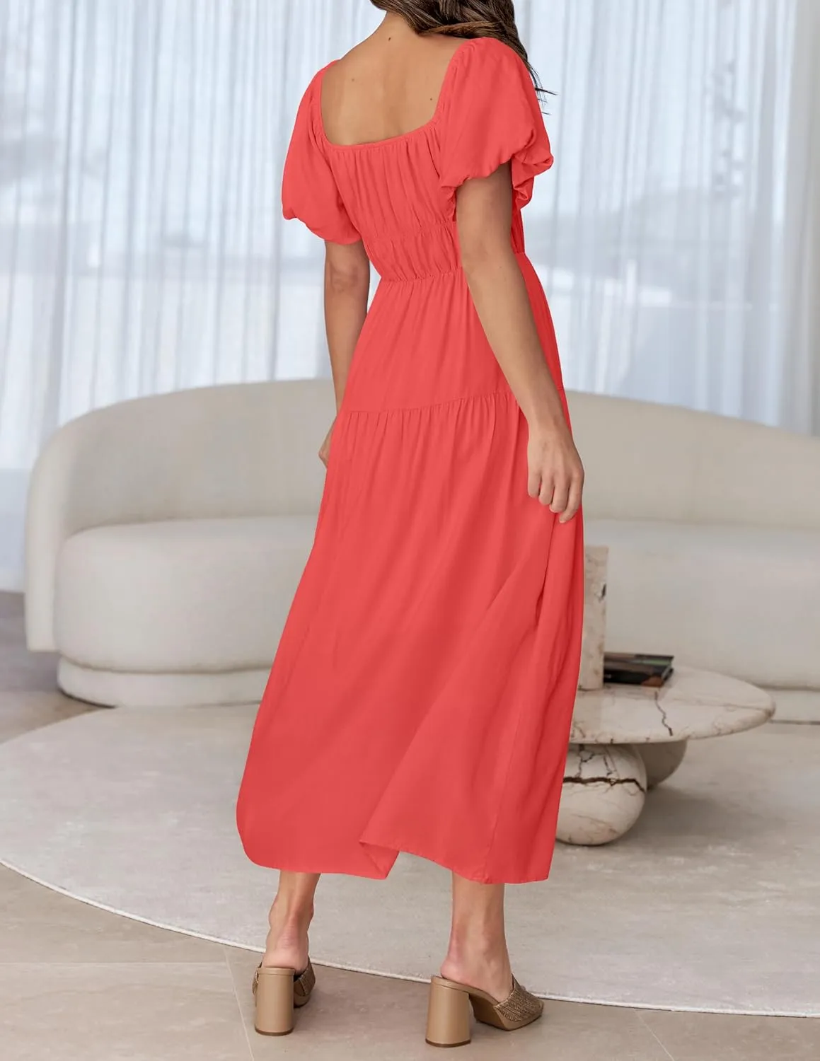 ZESICA Women's Sexy Boho Off Shoulder Puff Short Sleeve High Waist Ruffled Flowy A Line Beach Party Midi Dress