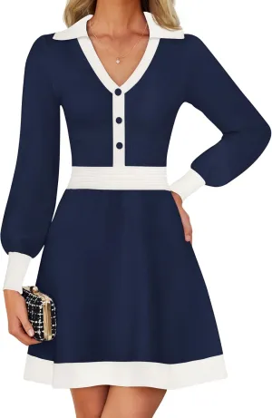 ZESICA Women's Spring Long Sleeve V Neck Sweater Dress Collar Ribbed Knit Mini Dresses