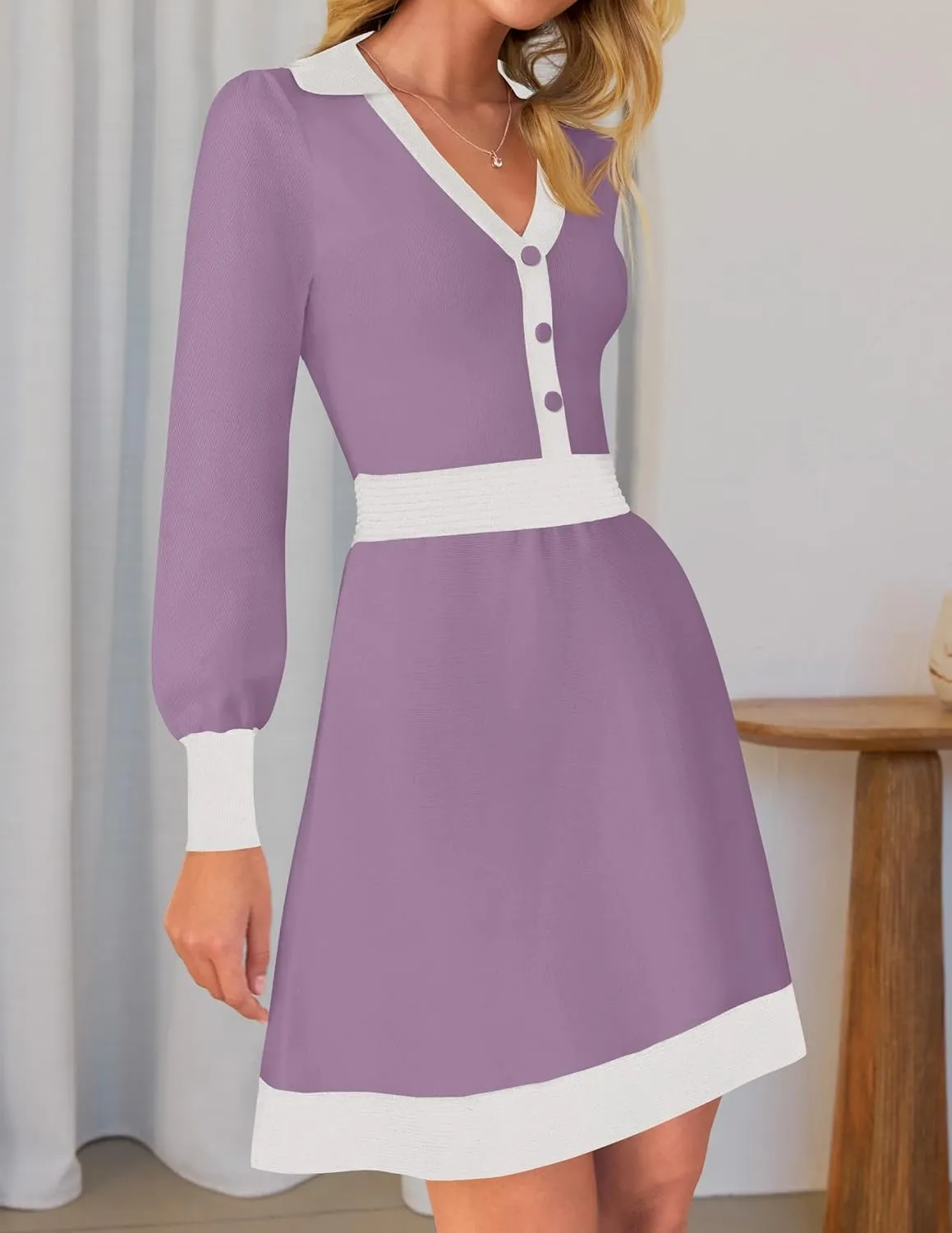 ZESICA Women's Spring Long Sleeve V Neck Sweater Dress Collar Ribbed Knit Mini Dresses