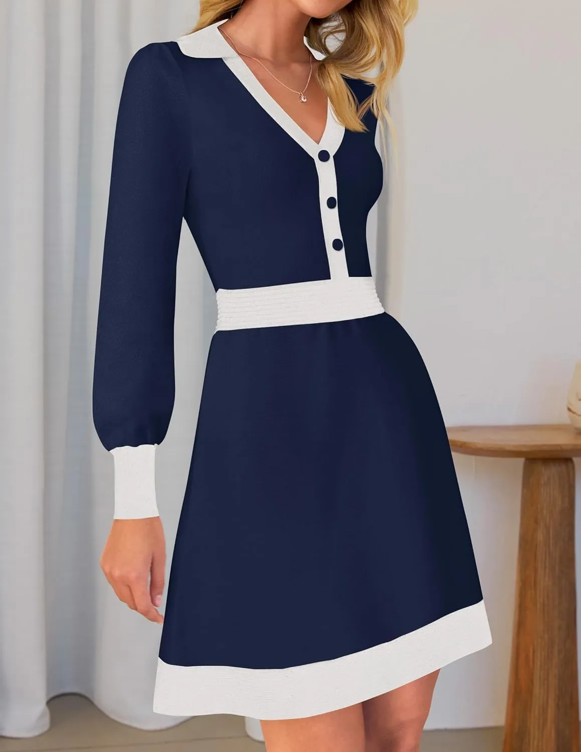 ZESICA Women's Spring Long Sleeve V Neck Sweater Dress Collar Ribbed Knit Mini Dresses