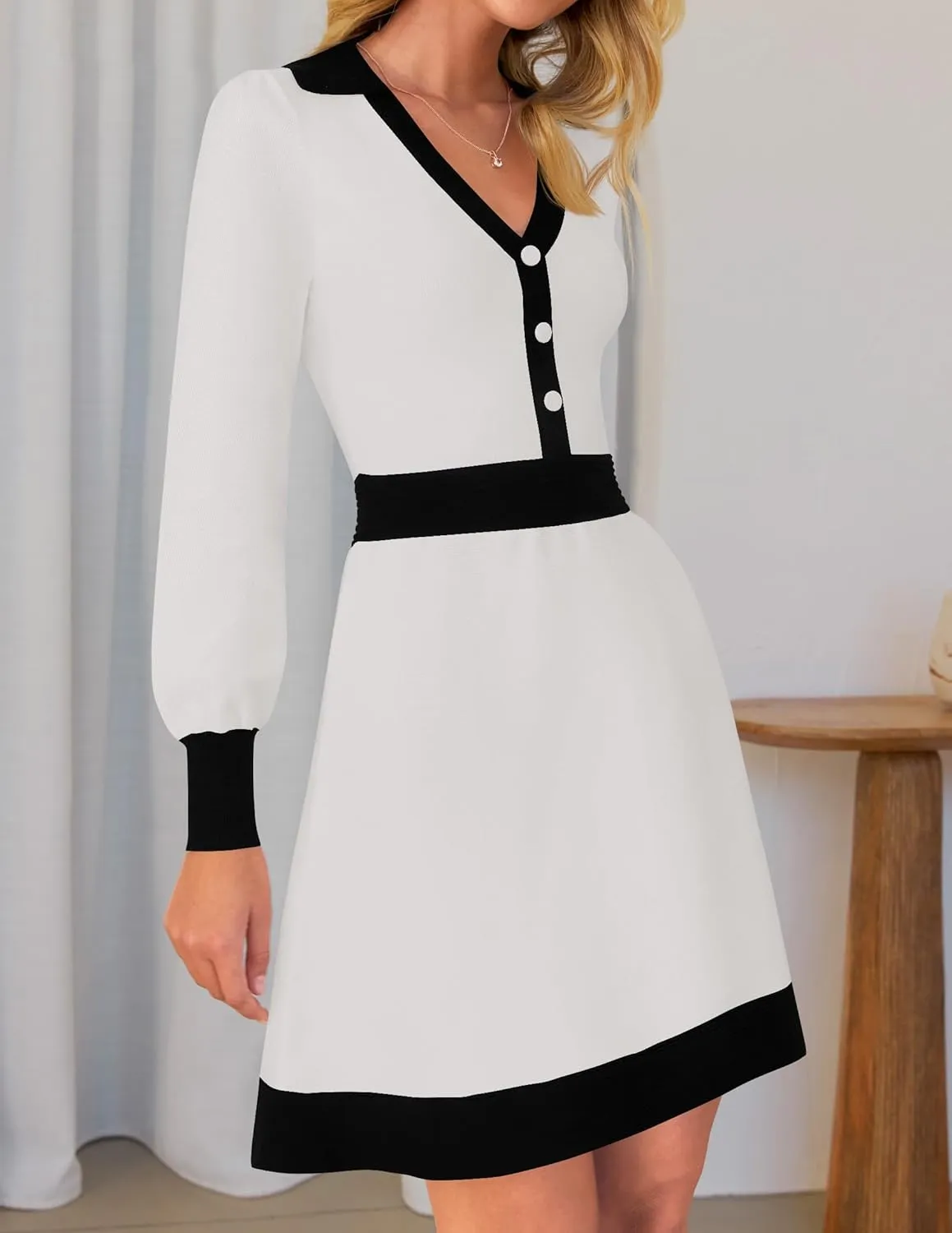 ZESICA Women's Spring Long Sleeve V Neck Sweater Dress Collar Ribbed Knit Mini Dresses