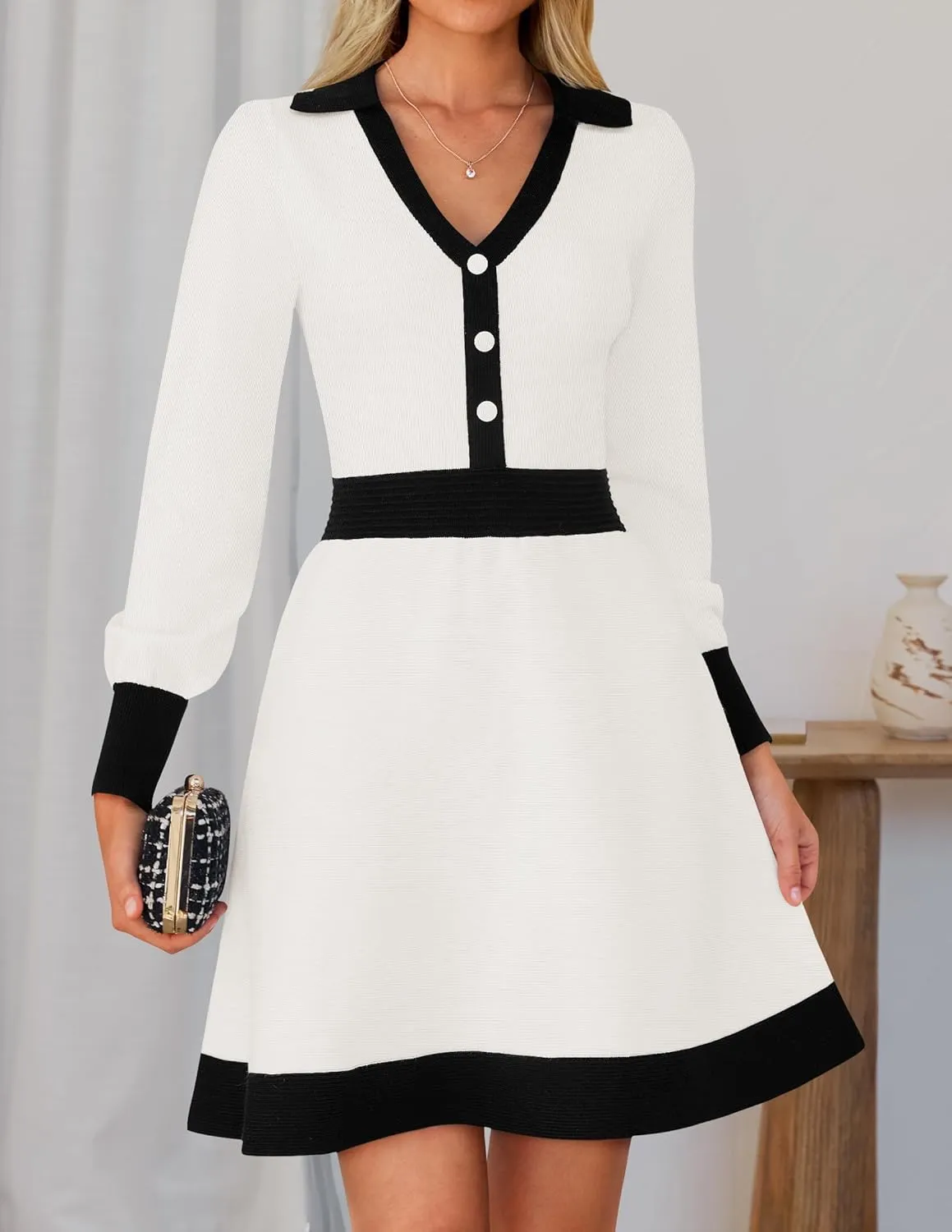 ZESICA Women's Spring Long Sleeve V Neck Sweater Dress Collar Ribbed Knit Mini Dresses