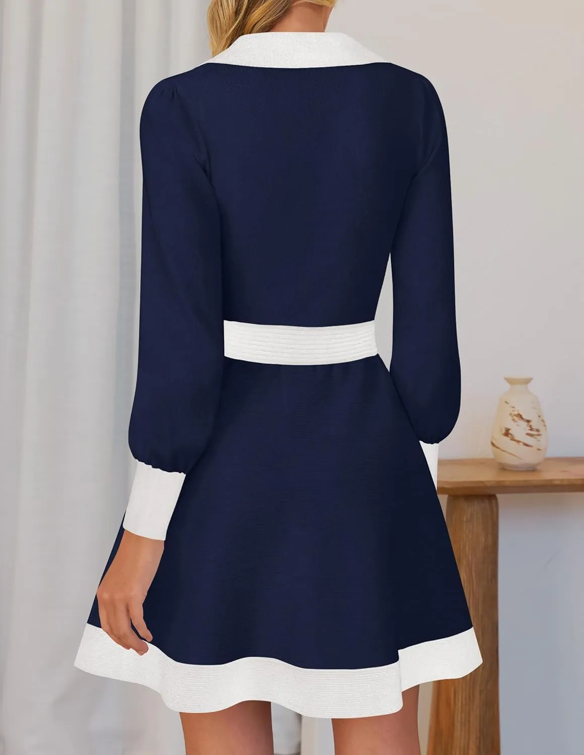 ZESICA Women's Spring Long Sleeve V Neck Sweater Dress Collar Ribbed Knit Mini Dresses