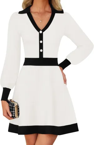 ZESICA Women's Spring Long Sleeve V Neck Sweater Dress Collar Ribbed Knit Mini Dresses