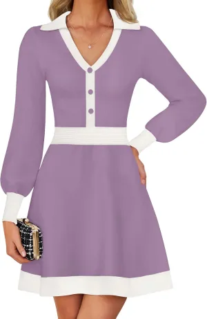 ZESICA Women's Spring Long Sleeve V Neck Sweater Dress Collar Ribbed Knit Mini Dresses