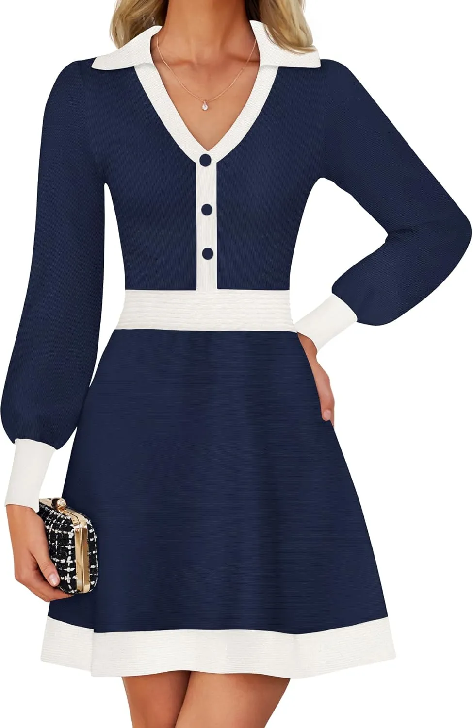 ZESICA Women's Spring Long Sleeve V Neck Sweater Dress Collar Ribbed Knit Mini Dresses