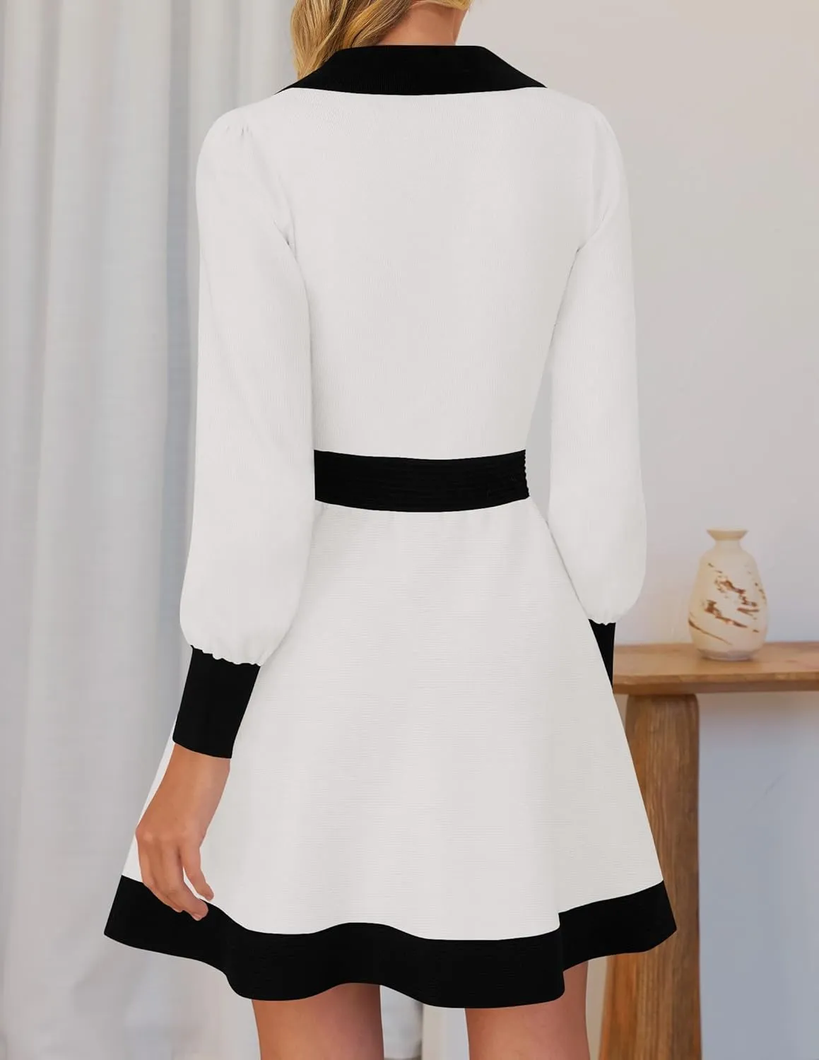 ZESICA Women's Spring Long Sleeve V Neck Sweater Dress Collar Ribbed Knit Mini Dresses