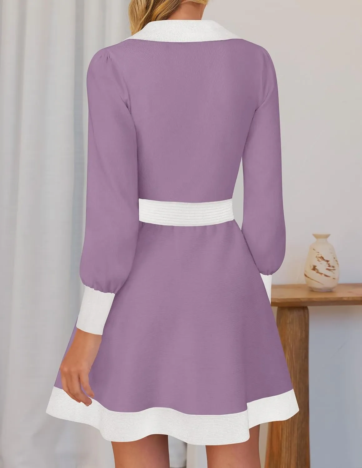 ZESICA Women's Spring Long Sleeve V Neck Sweater Dress Collar Ribbed Knit Mini Dresses