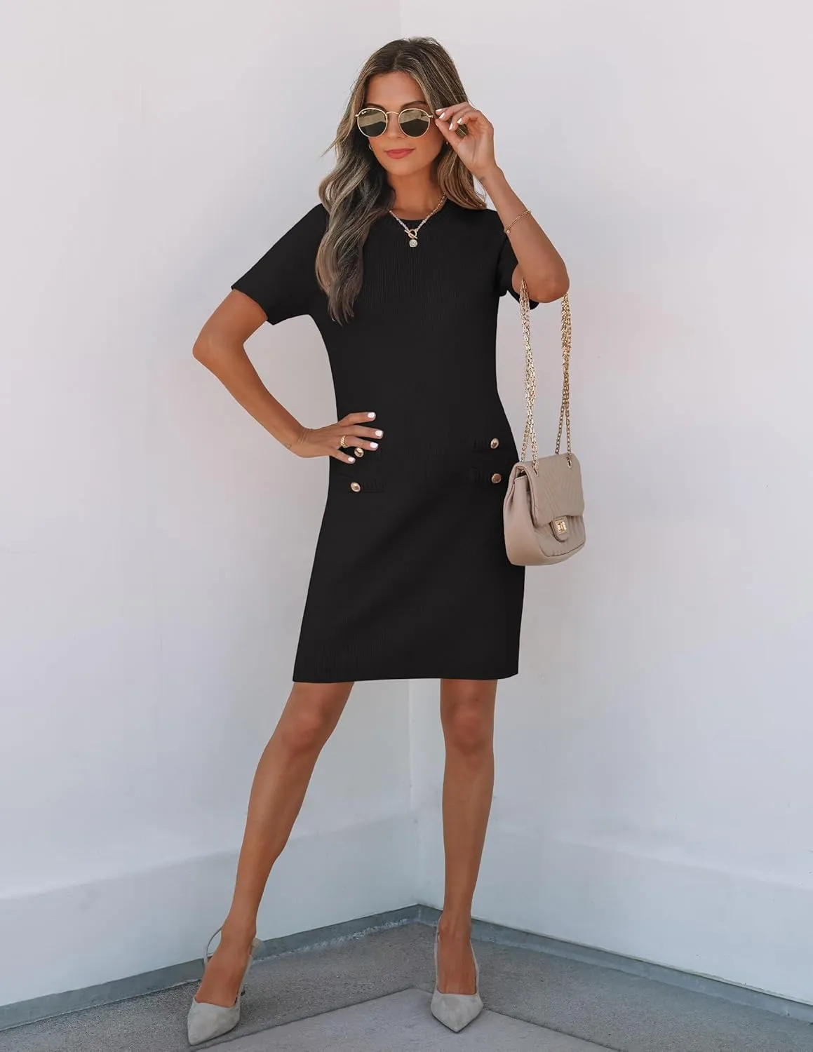 ZESICA Women's Summer Bodycon Mini Dress 2025 Short Sleeve Crewneck Ribbed Knit Slim Fit Casual Sweater Dresses