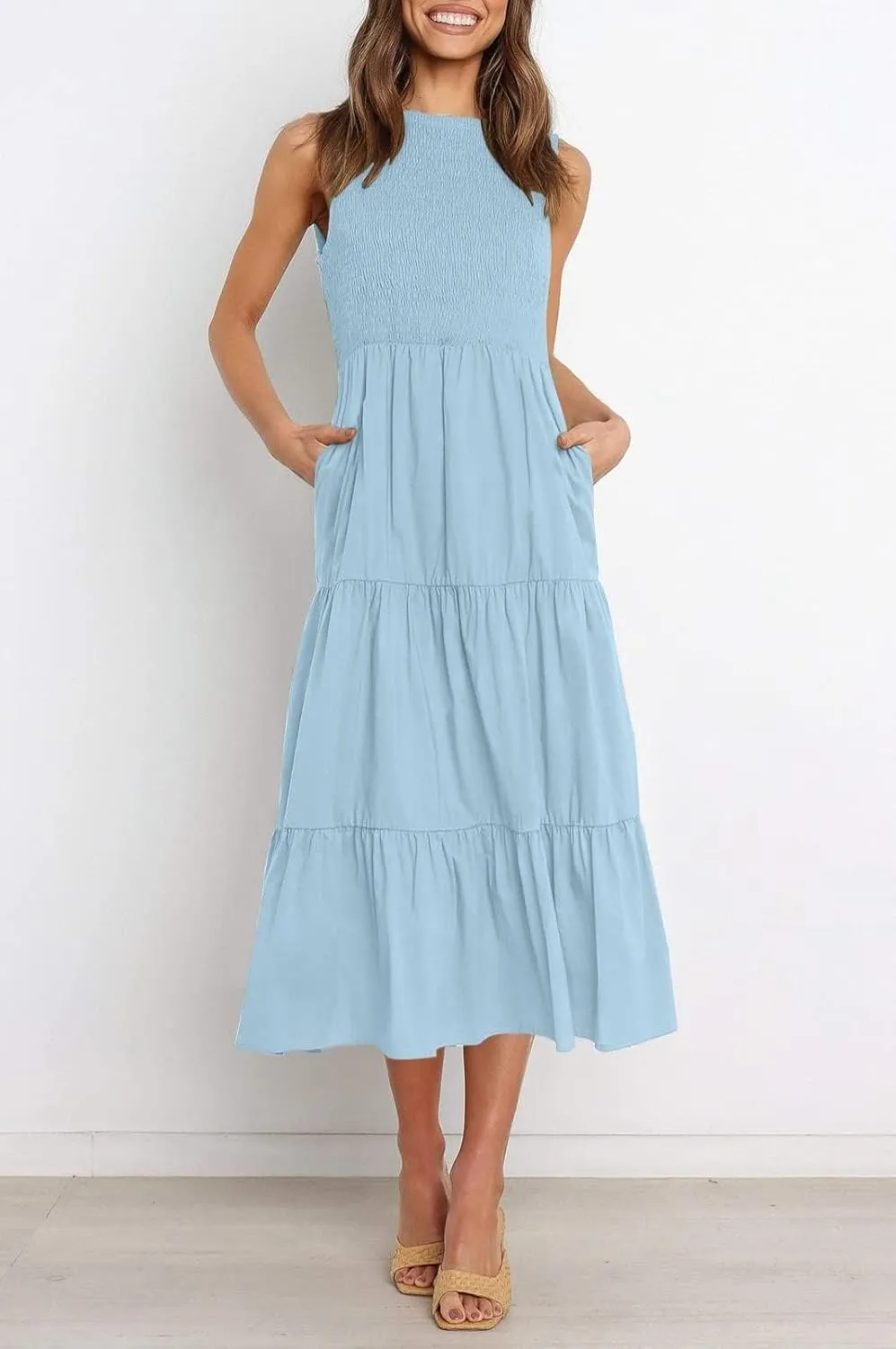 ZESICA Women's Summer Casual Sleeveless Crew Neck Smocked High Waist Flowy Tiered A Line Midi Dress