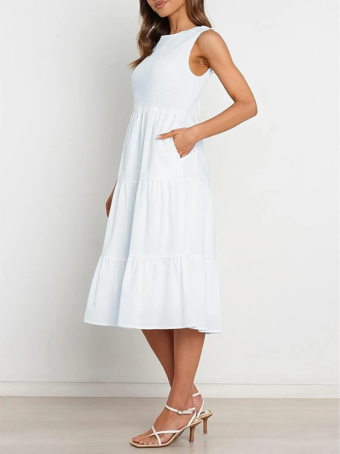 ZESICA Women's Summer Casual Sleeveless Crew Neck Smocked High Waist Flowy Tiered A Line Midi Dress