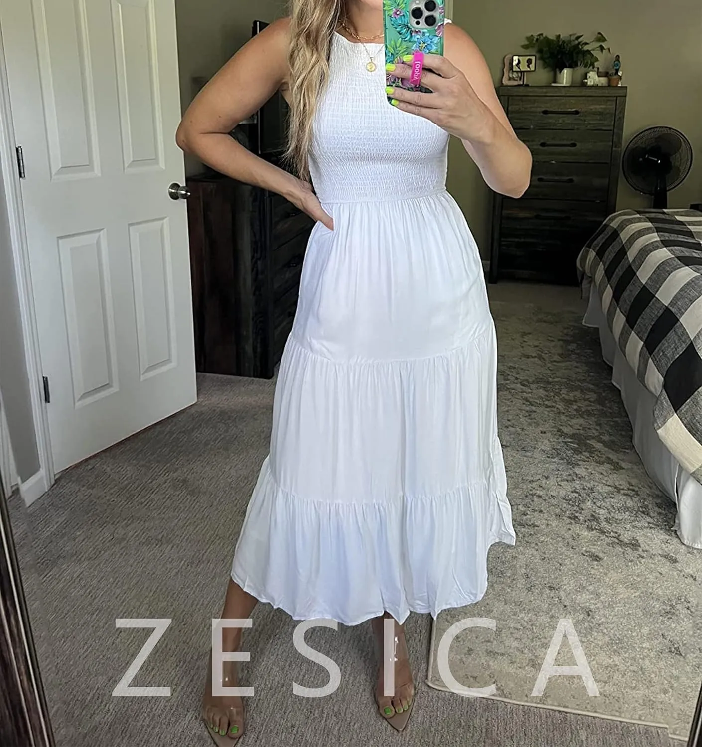 ZESICA Women's Summer Casual Sleeveless Crew Neck Smocked High Waist Flowy Tiered A Line Midi Dress