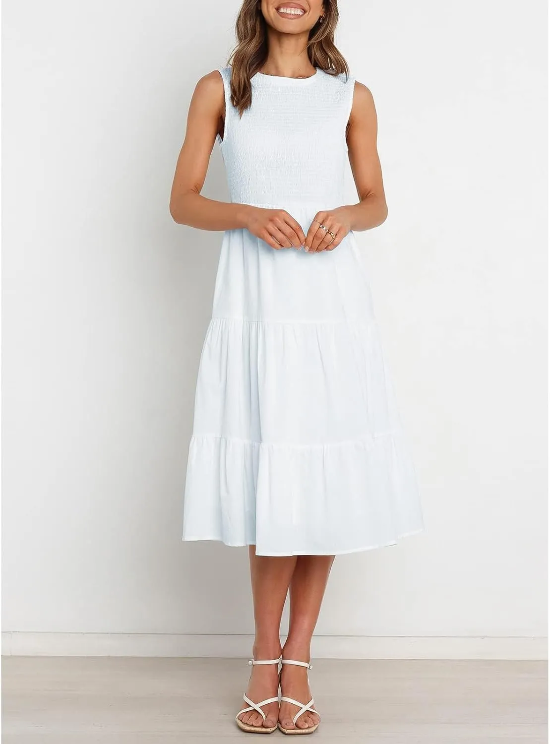 ZESICA Women's Summer Casual Sleeveless Crew Neck Smocked High Waist Flowy Tiered A Line Midi Dress