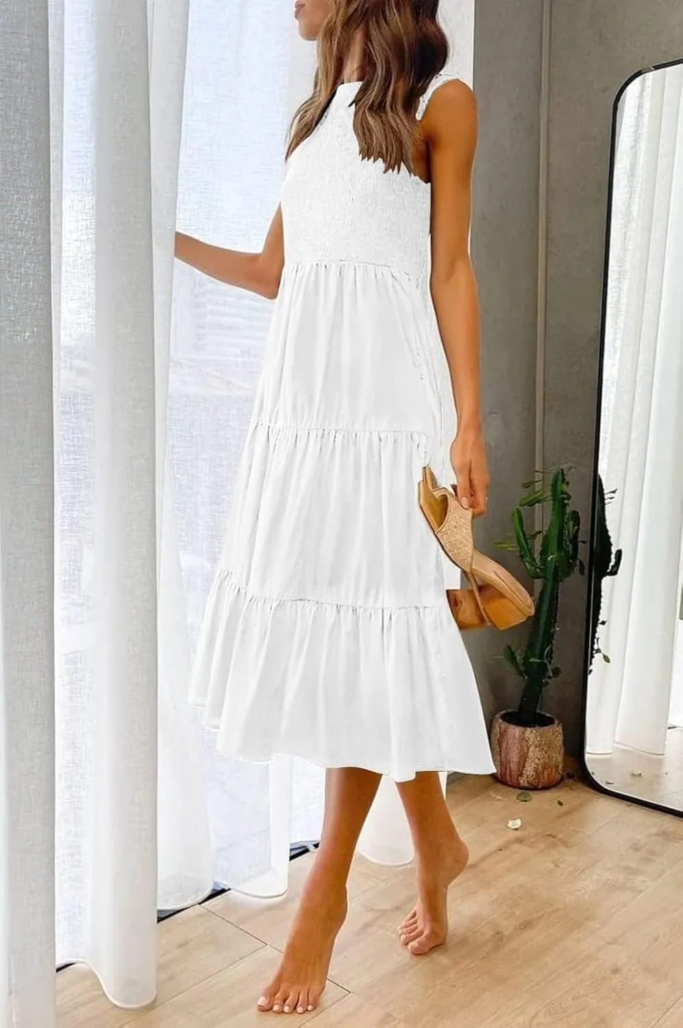 ZESICA Women's Summer Casual Sleeveless Crew Neck Smocked High Waist Flowy Tiered A Line Midi Dress