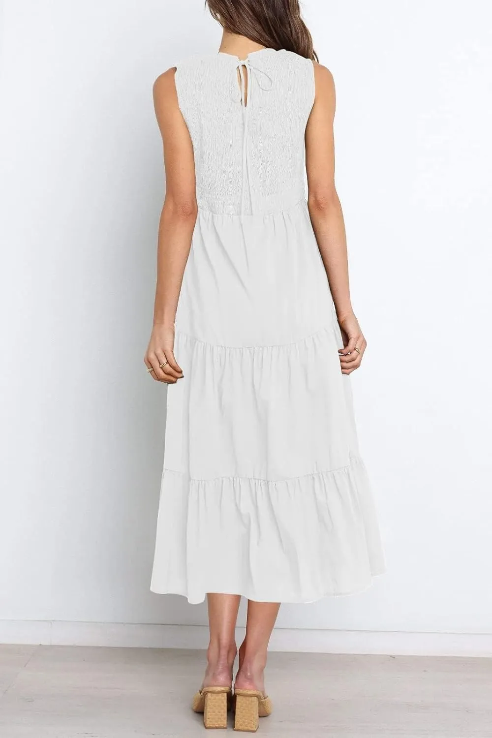 ZESICA Women's Summer Casual Sleeveless Crew Neck Smocked High Waist Flowy Tiered A Line Midi Dress