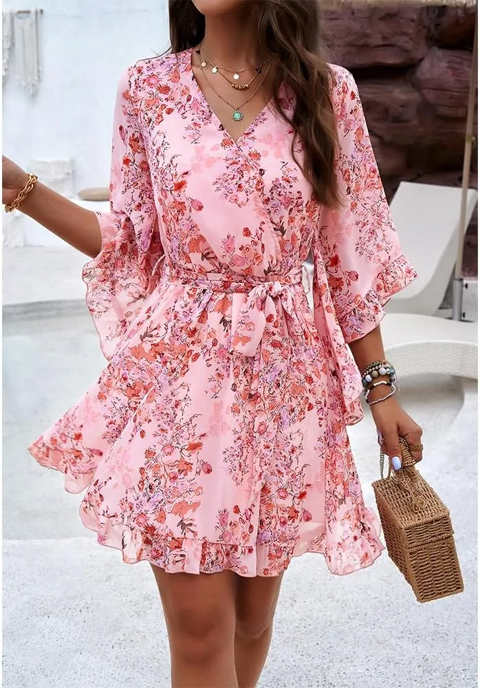ZOCAVIA Women's Flowy Beach Dresses Floral V Neck Batwing Sleeve Boho Dress with Belt Elegant Ruffle Ruched Mini Dresses