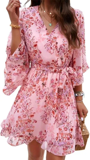 ZOCAVIA Women's Flowy Beach Dresses Floral V Neck Batwing Sleeve Boho Dress with Belt Elegant Ruffle Ruched Mini Dresses