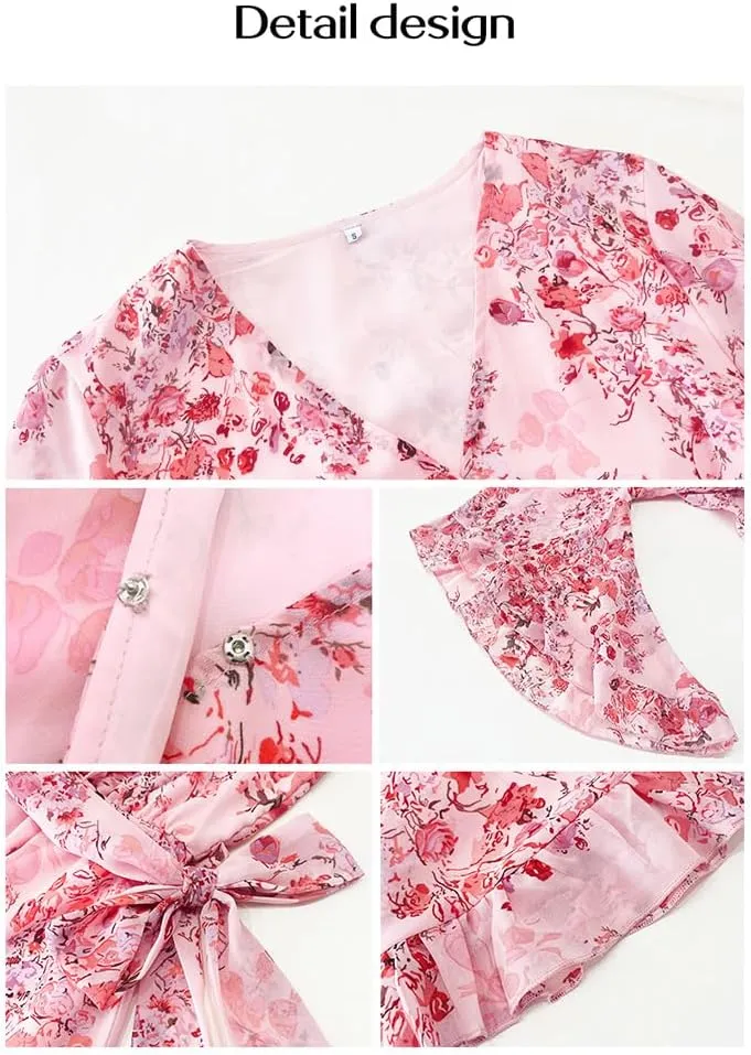 ZOCAVIA Women's Flowy Beach Dresses Floral V Neck Batwing Sleeve Boho Dress with Belt Elegant Ruffle Ruched Mini Dresses