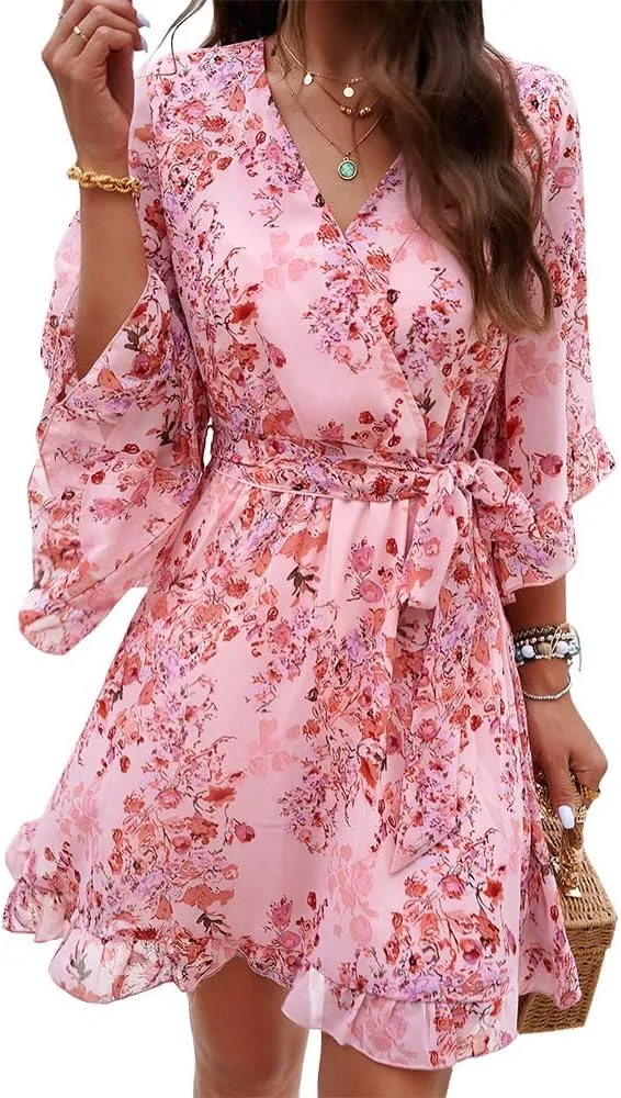 ZOCAVIA Women's Flowy Beach Dresses Floral V Neck Batwing Sleeve Boho Dress with Belt Elegant Ruffle Ruched Mini Dresses