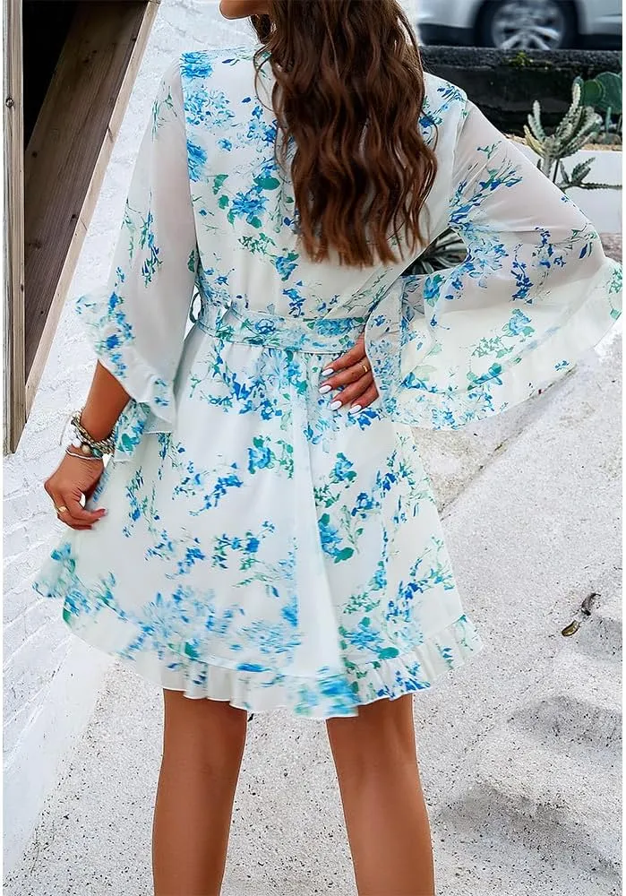 ZOCAVIA Women's Flowy Beach Dresses Floral V Neck Batwing Sleeve Boho Dress with Belt Elegant Ruffle Ruched Mini Dresses