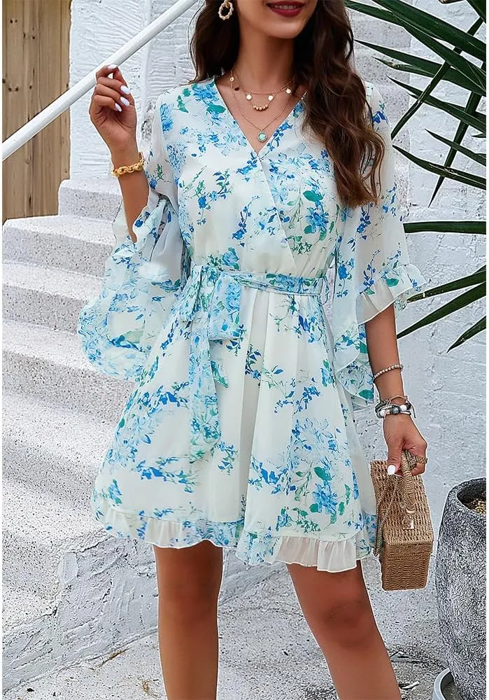 ZOCAVIA Women's Flowy Beach Dresses Floral V Neck Batwing Sleeve Boho Dress with Belt Elegant Ruffle Ruched Mini Dresses