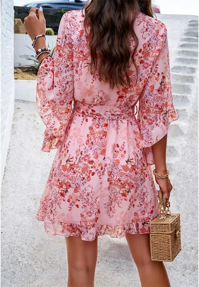 ZOCAVIA Women's Flowy Beach Dresses Floral V Neck Batwing Sleeve Boho Dress with Belt Elegant Ruffle Ruched Mini Dresses
