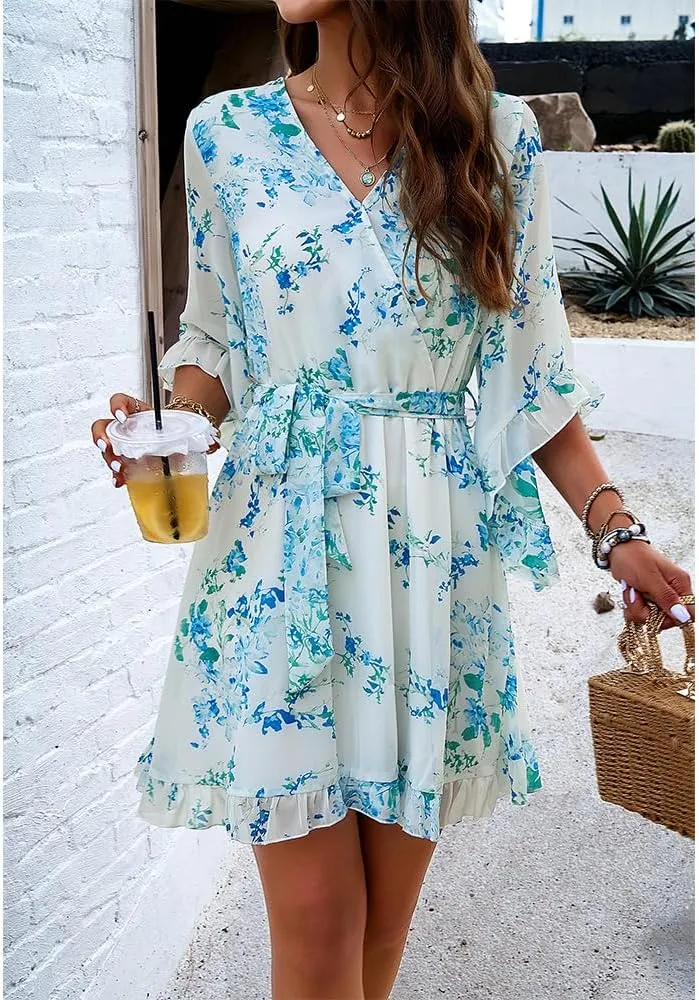 ZOCAVIA Women's Flowy Beach Dresses Floral V Neck Batwing Sleeve Boho Dress with Belt Elegant Ruffle Ruched Mini Dresses