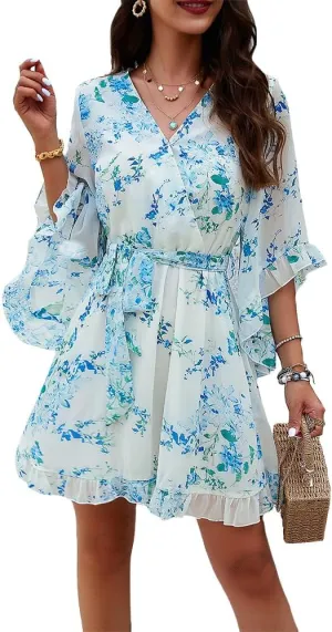 ZOCAVIA Women's Flowy Beach Dresses Floral V Neck Batwing Sleeve Boho Dress with Belt Elegant Ruffle Ruched Mini Dresses