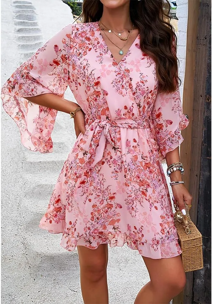 ZOCAVIA Women's Flowy Beach Dresses Floral V Neck Batwing Sleeve Boho Dress with Belt Elegant Ruffle Ruched Mini Dresses