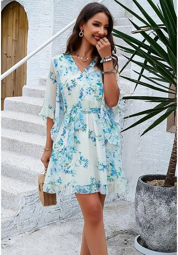 ZOCAVIA Women's Flowy Beach Dresses Floral V Neck Batwing Sleeve Boho Dress with Belt Elegant Ruffle Ruched Mini Dresses