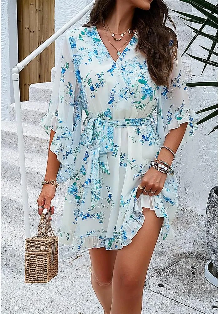 ZOCAVIA Women's Flowy Beach Dresses Floral V Neck Batwing Sleeve Boho Dress with Belt Elegant Ruffle Ruched Mini Dresses