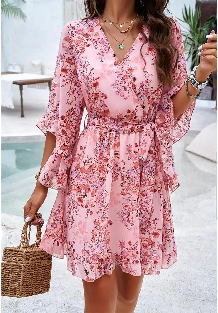 ZOCAVIA Women's Flowy Beach Dresses Floral V Neck Batwing Sleeve Boho Dress with Belt Elegant Ruffle Ruched Mini Dresses