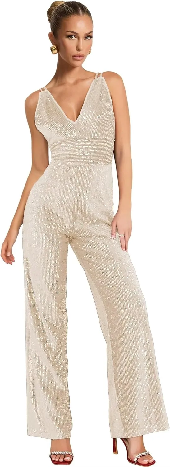 Zoghoo Sequin Formal Jumpsuits for Women Sparkly Prom Dresses Long Wide Leg Pants V Neck Rompers