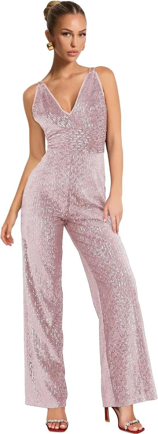 Zoghoo Sequin Formal Jumpsuits for Women Sparkly Prom Dresses Long Wide Leg Pants V Neck Rompers